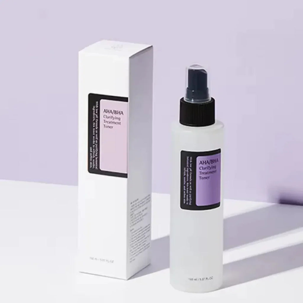 Skincare bottle and packaging with 'AHA/BHA' text on a light purple background