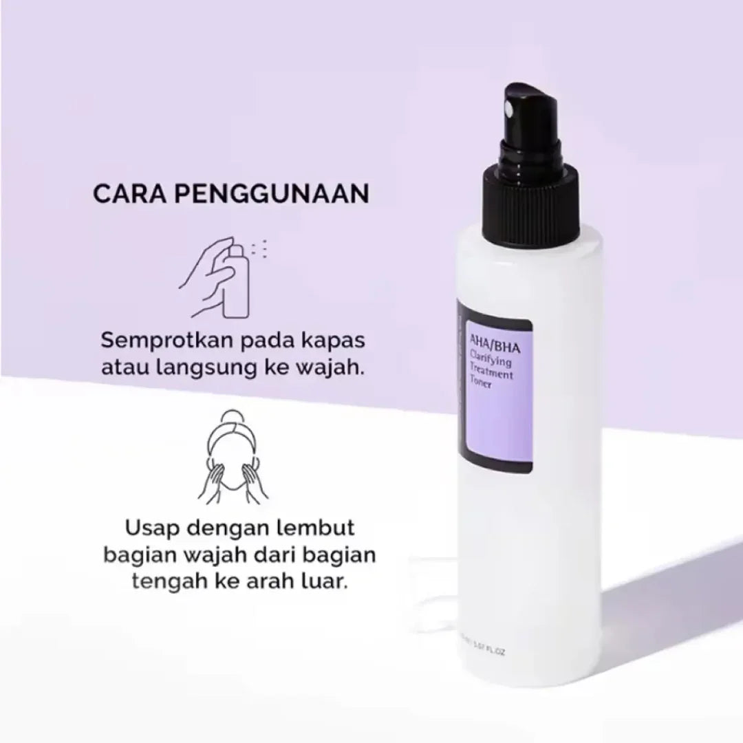 White bottle with black spray nozzle on a light purple background, featuring text on usage instructions.