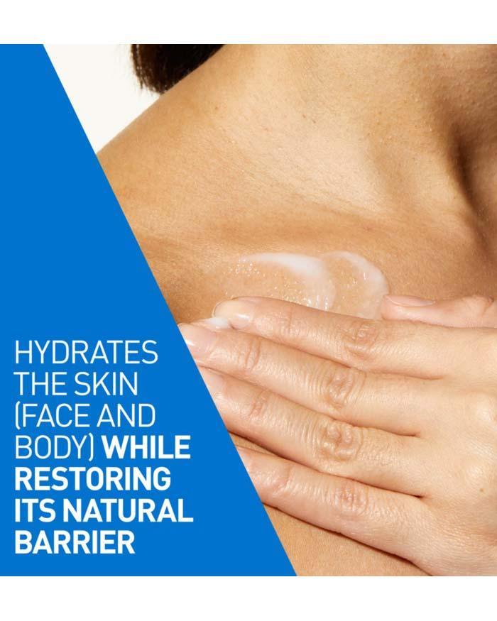 Close-up of skin with a blue overlay and text about skin hydration and barrier restoration.