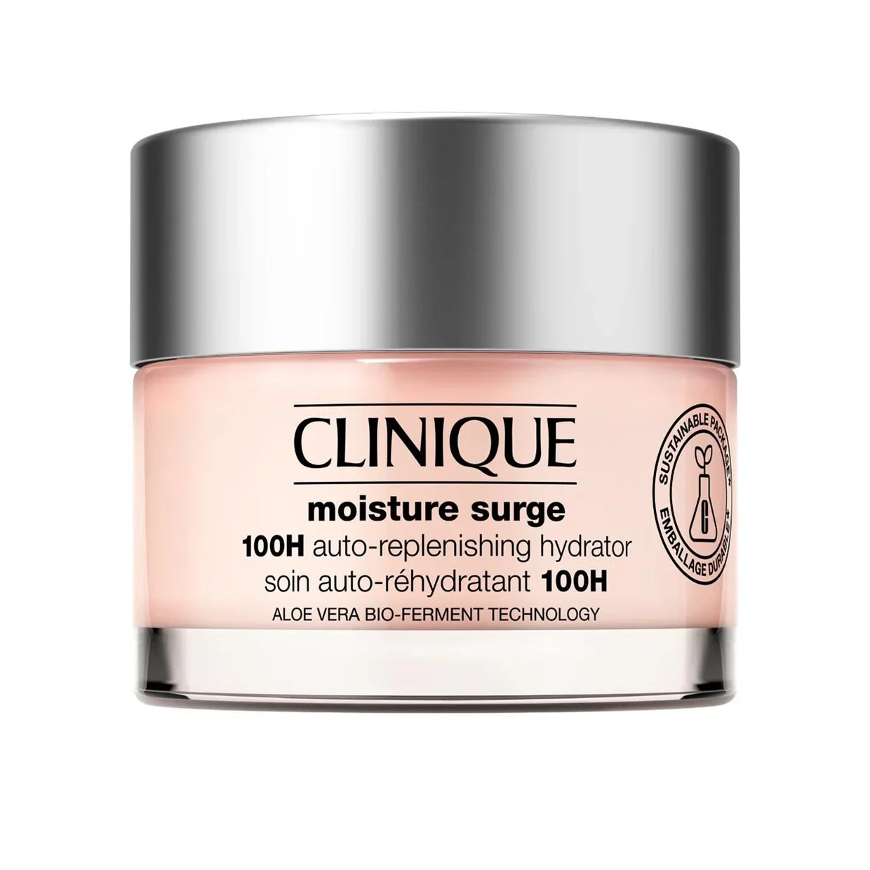 Clinique moisture surge cream jar with silver lid on a white background