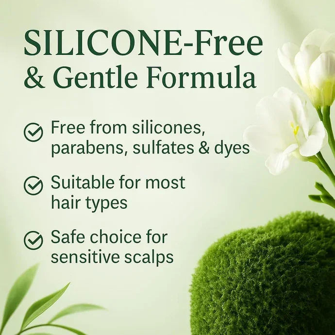 Product label with silicone-free and gentle formula text, featuring greenery and a white flower.