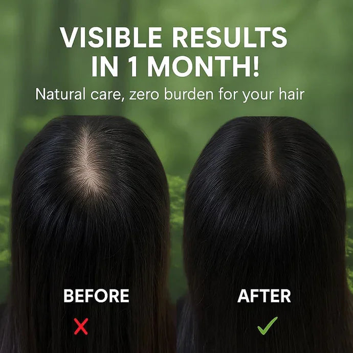 Before and after comparison of hair care product on a person's scalp with text about visible results in one month.