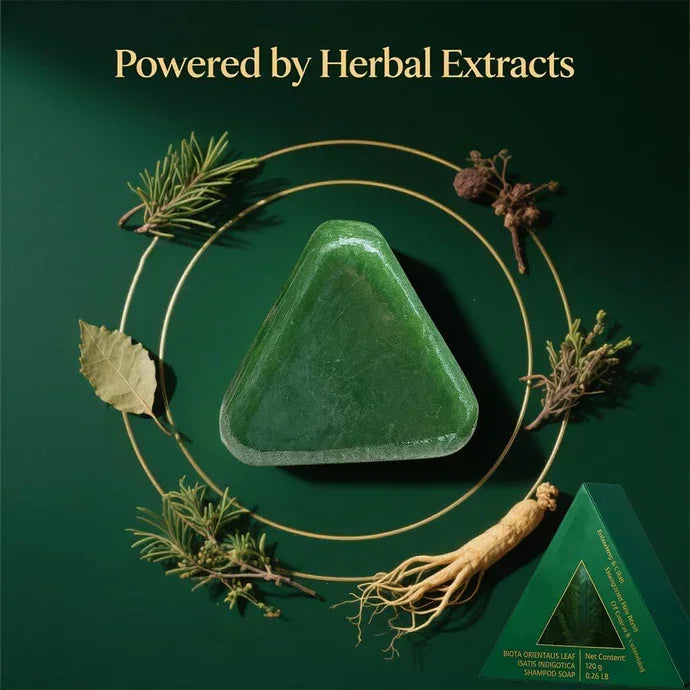 Green triangular stone with herbs on a green background, labeled 'Powered by Herbal Extracts'.