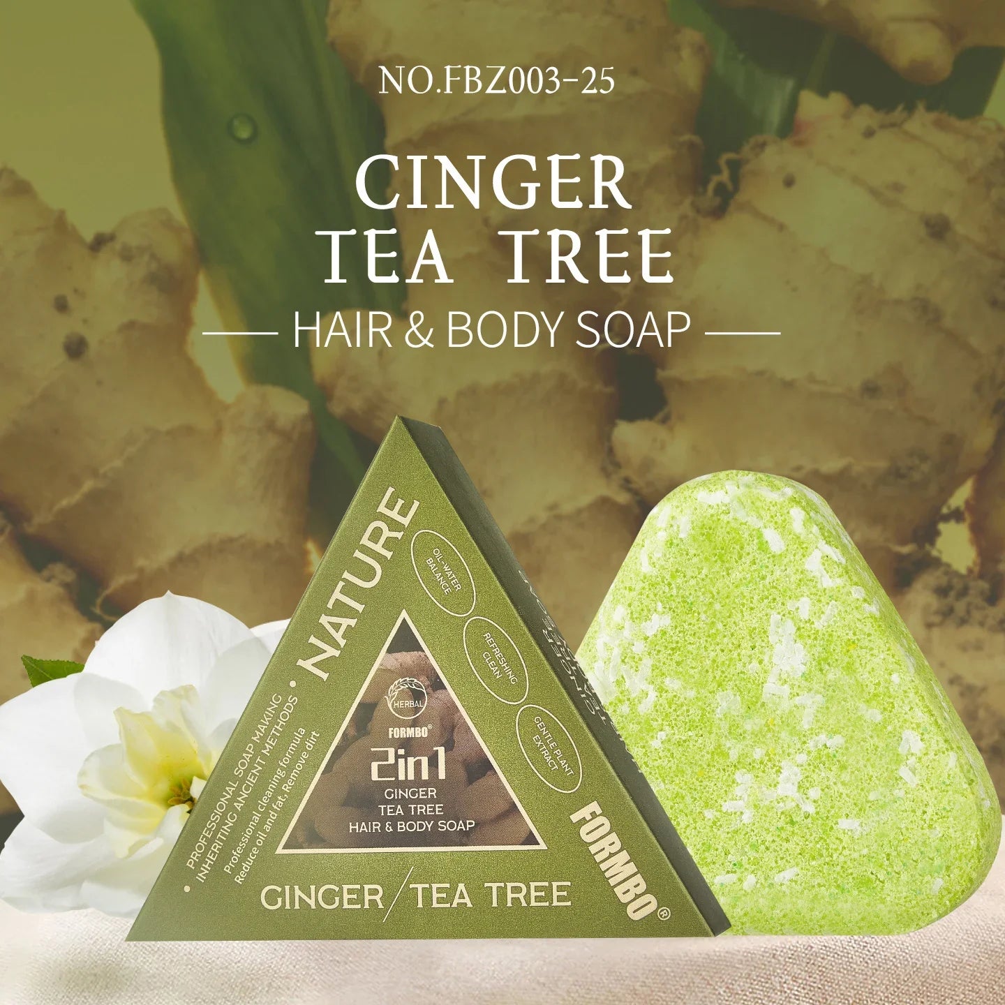 Green ginger tea tree hair and body soap with packaging on a natural background