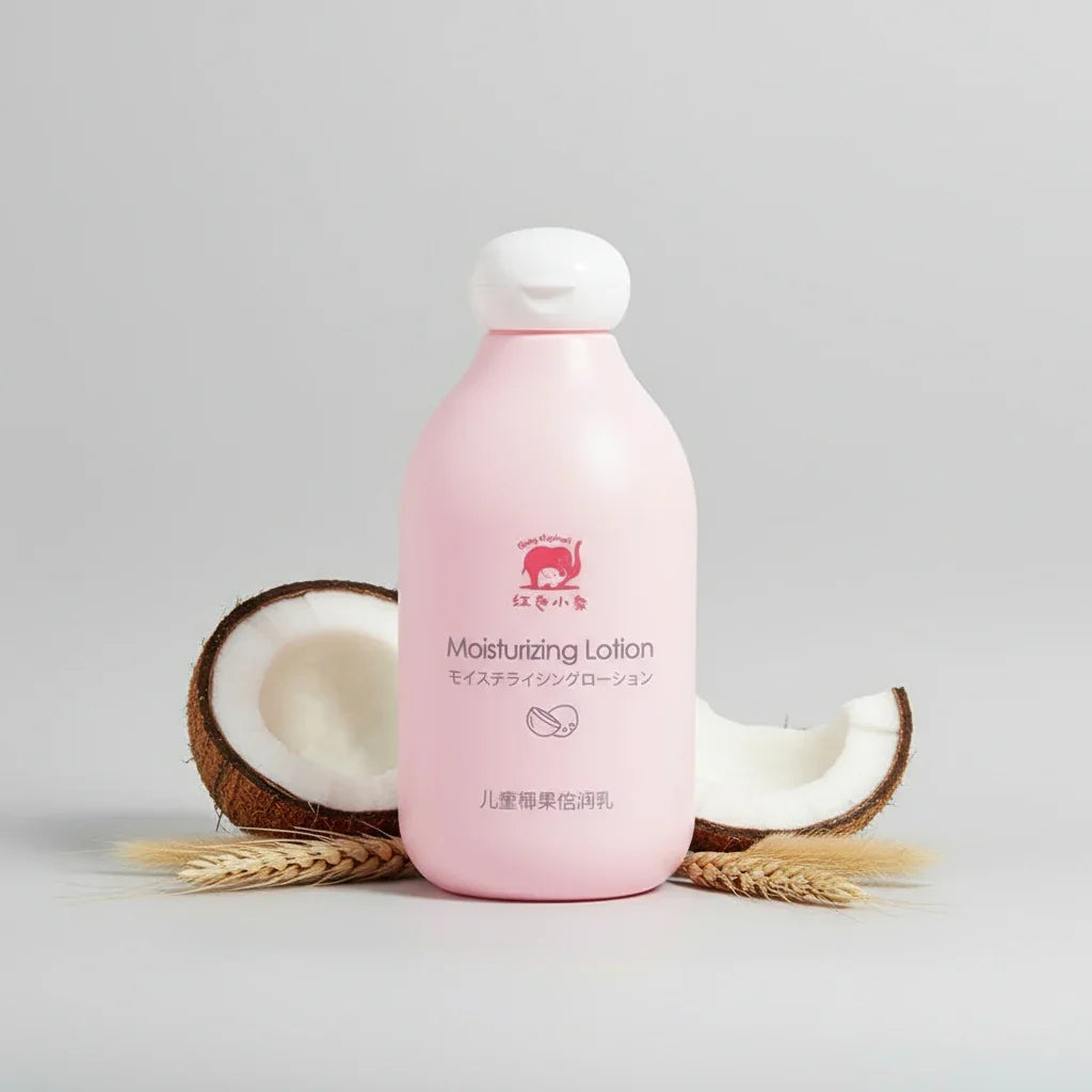 Baby Elephent moisturizing lotion with white background  with coconuts 