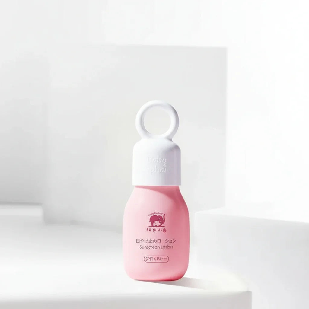 Baby elephent sunscreen lotion with white Background