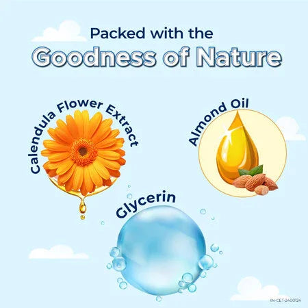 Product ingredients with Calendula Flower Extract, Almond Oil, and Glycerin on a blue background.