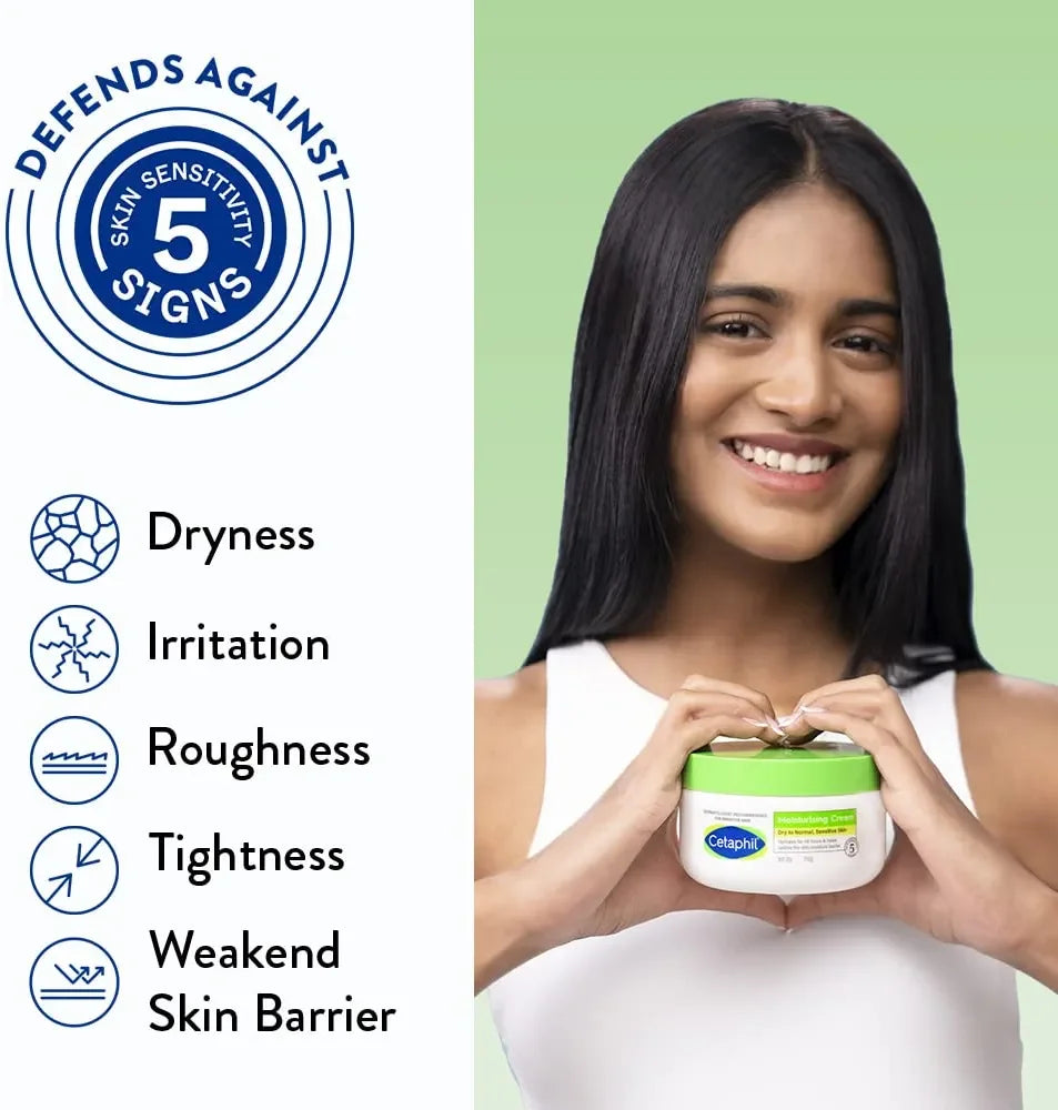 Woman holding a jar of Cetaphil with text about skin care benefits on a green background