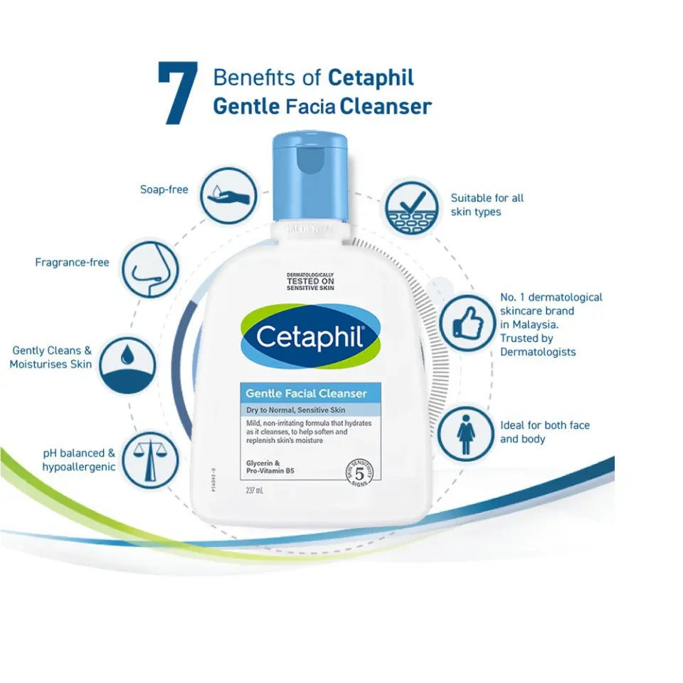 Cetaphil Gentle Facial Cleanser with listed benefits on a white background