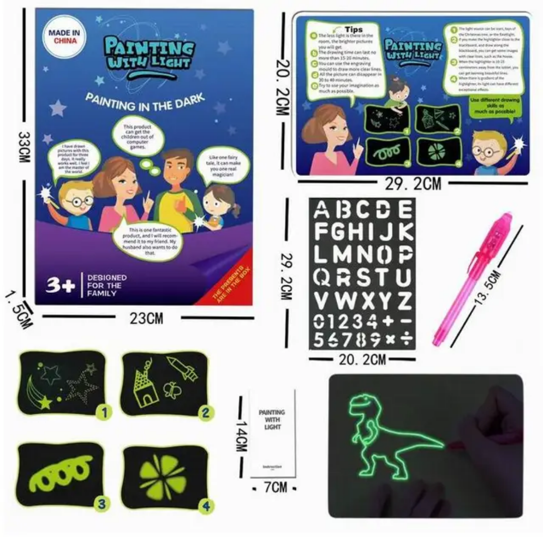 Product packaging and components of a 'Painting with Light' set, including a dark surface with glowing designs, a pen, and letter and number templates.