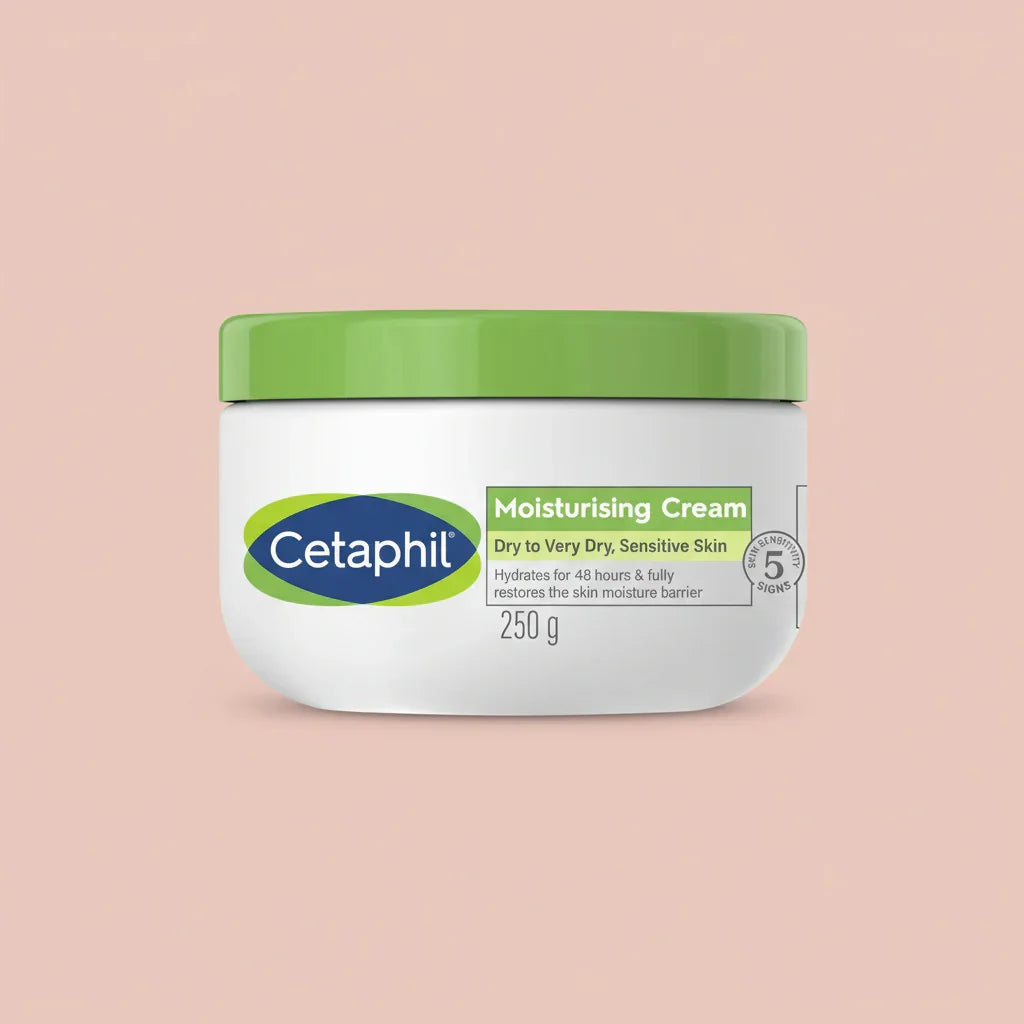 Cetaphil moisturizing cream jar with green lid on a white background