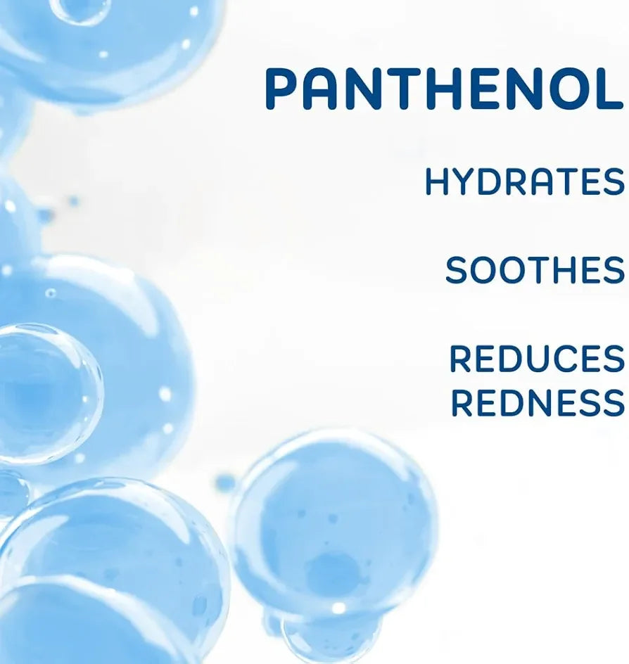 Blue bubbles on a white background with text about panthenol's benefits.