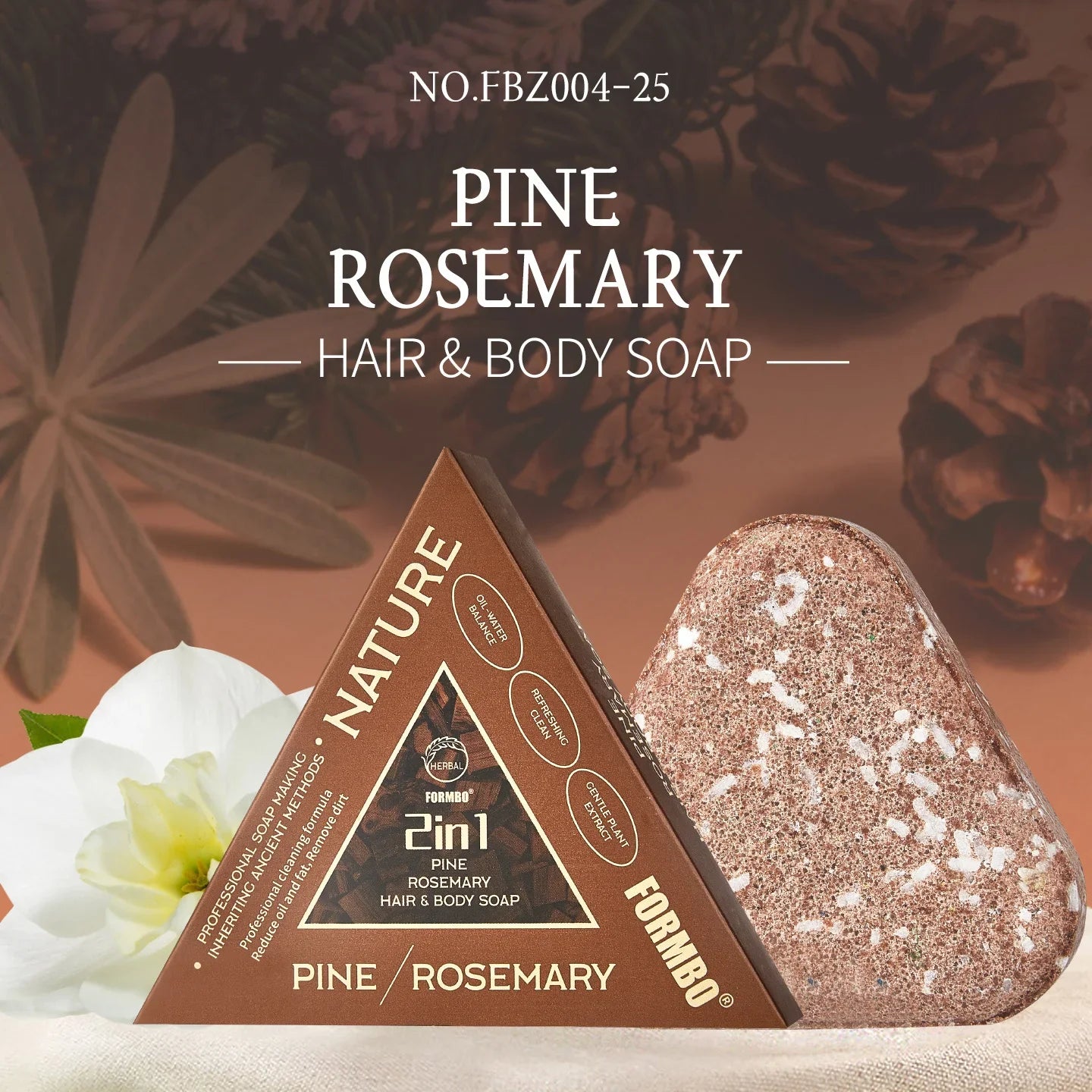 Pine Rosemary hair and body soap with packaging on a brown background