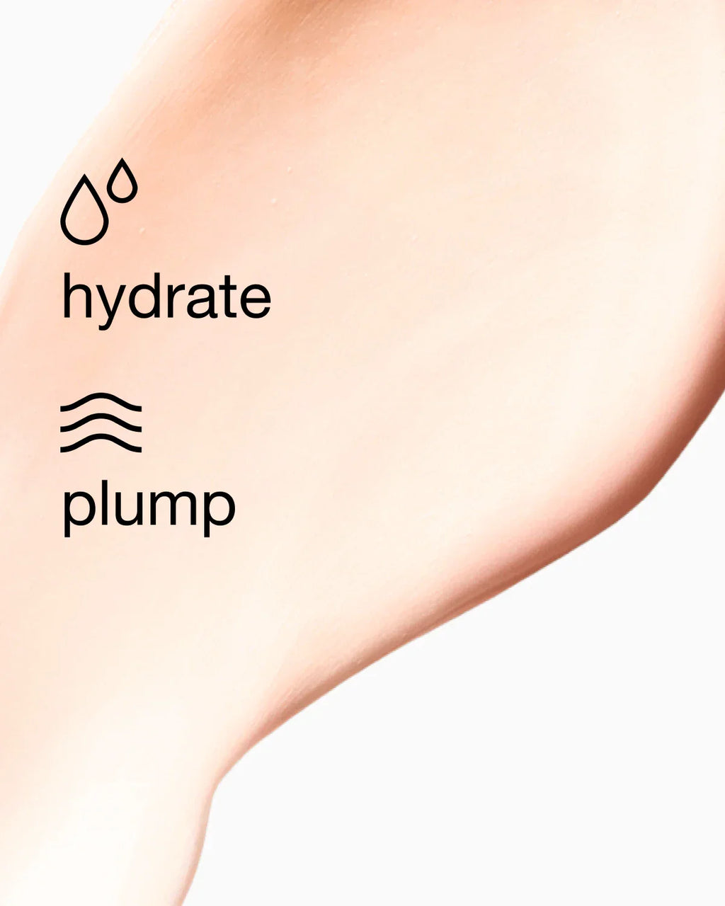Close-up of skin with 'hydrate' and 'plump' text and icons on a white background