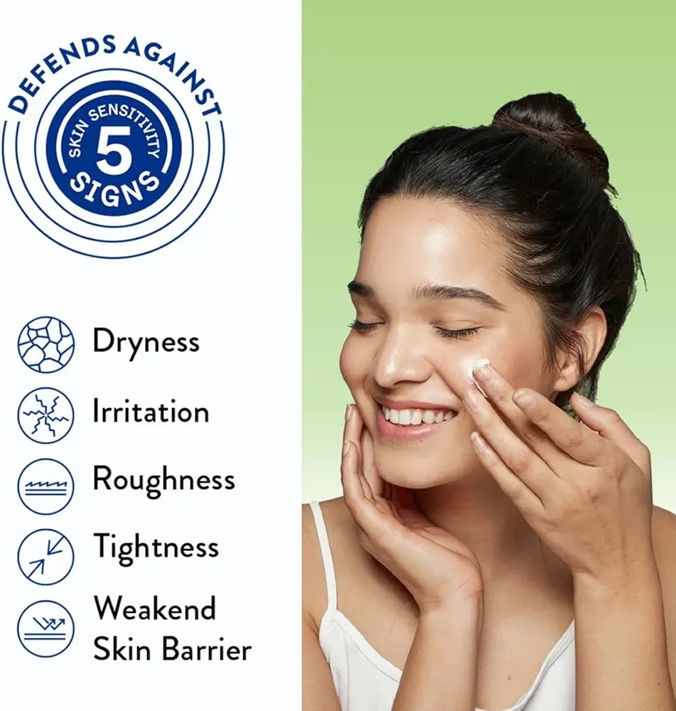 Woman applying cream to her face with skincare benefits listed on a green background