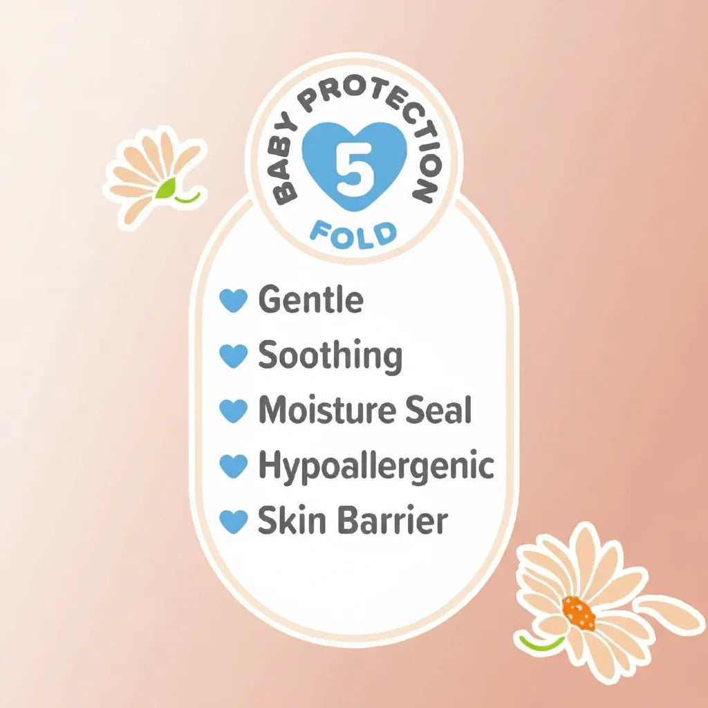 Baby protection label with features on a blue background