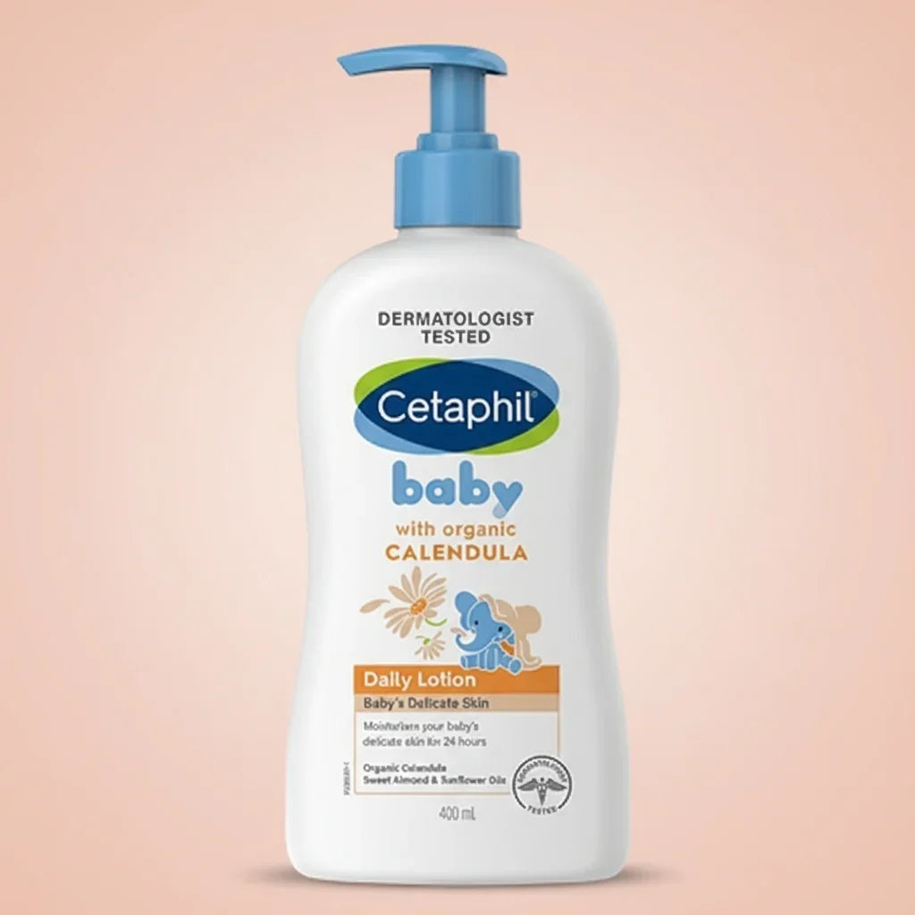 Cetaphil baby daily lotion bottle on a light blue background