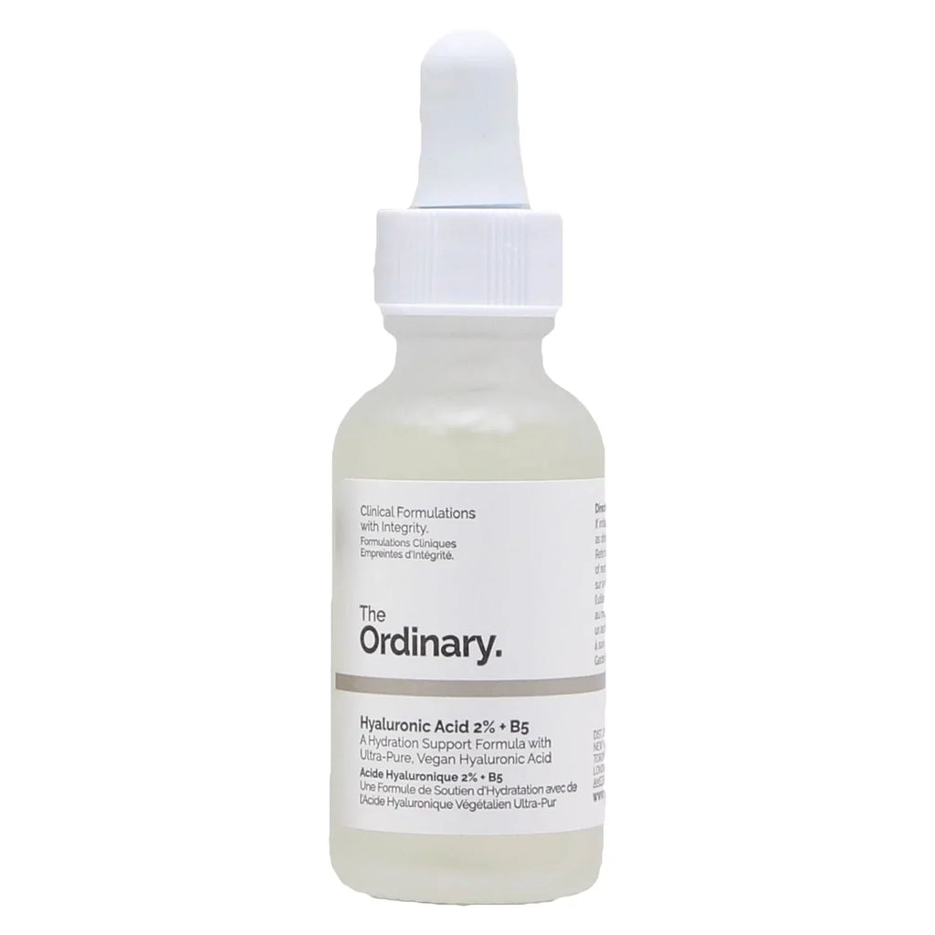 Skincare serum bottle with dropper labeled 'The Ordinary' on a white background