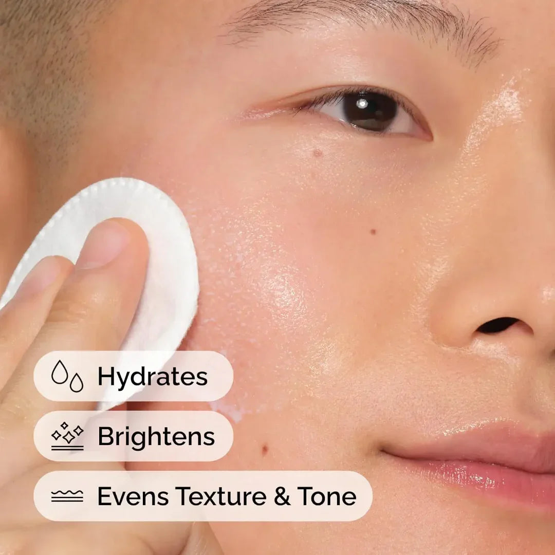 Person applying a skincare product to their face with text indicating hydration, brightness, and texture benefits.