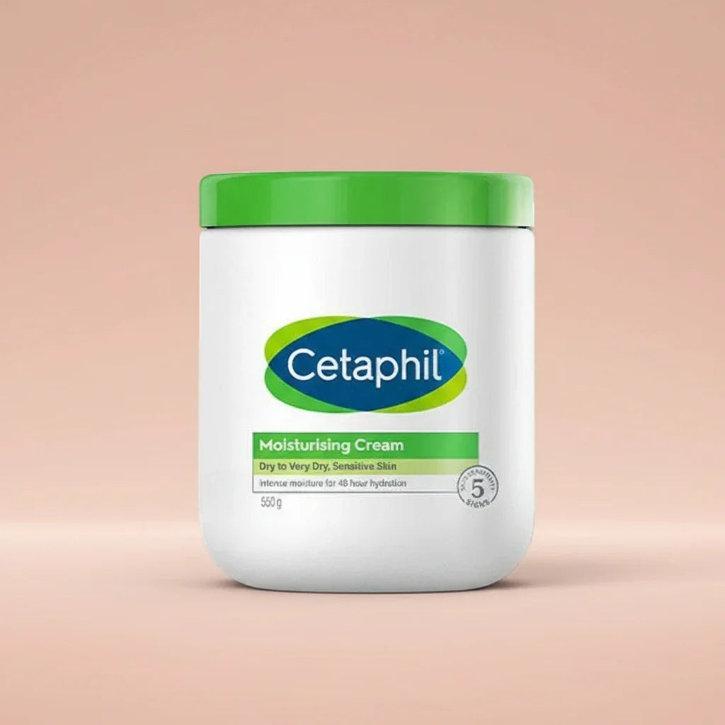 Cetaphil moisturizing cream jar with green lid on a white background