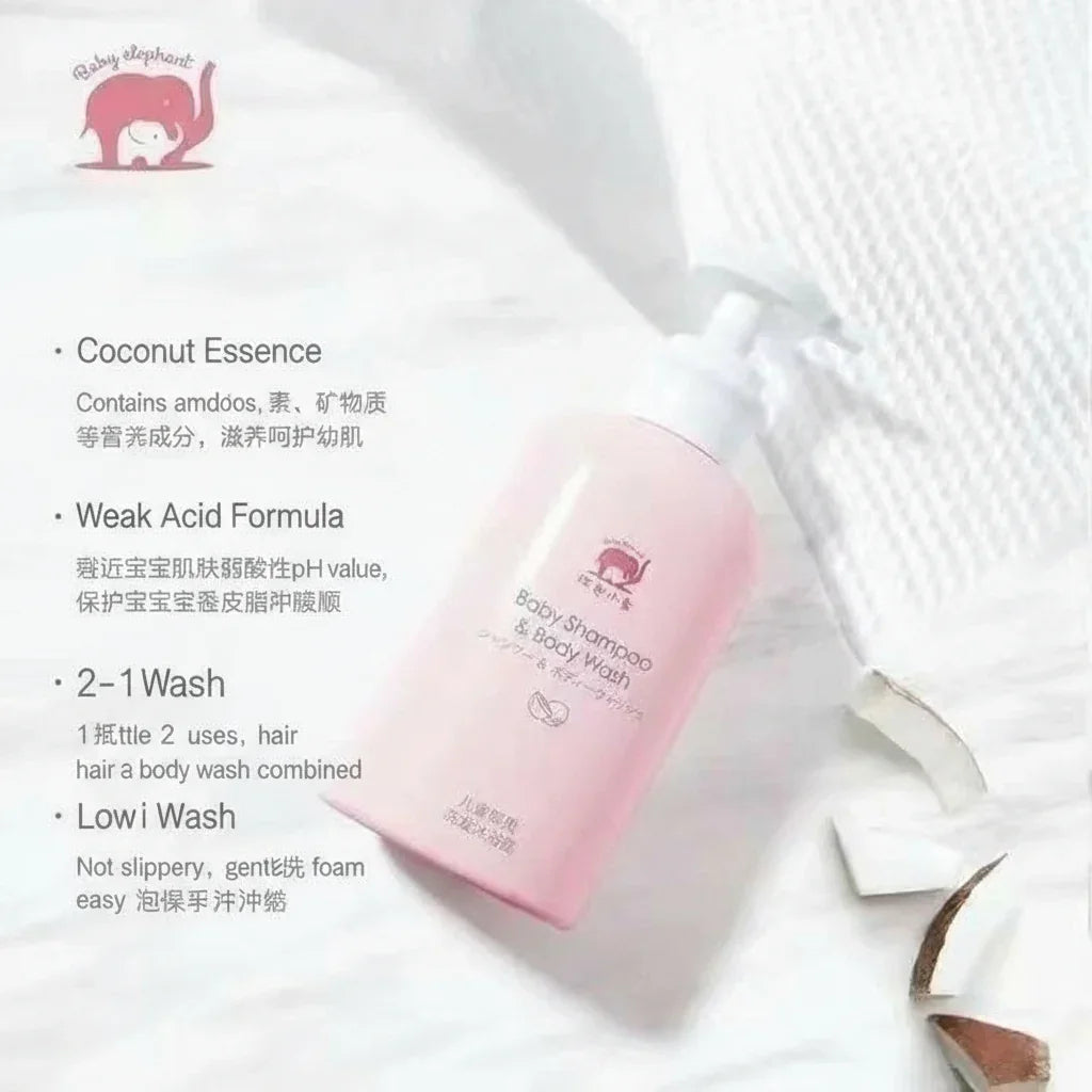 Baby elephent baby shampoo and body wash with text 