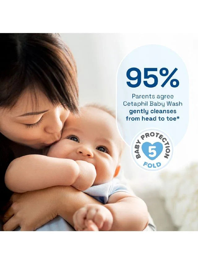 Woman kissing baby with Cetaphil Baby Wash advertisement overlay