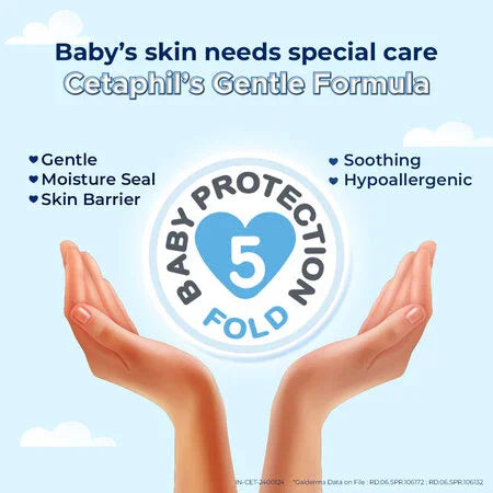 Advertisement for Cetaphil's Gentle Formula with hands holding a baby protection symbol on a blue background.