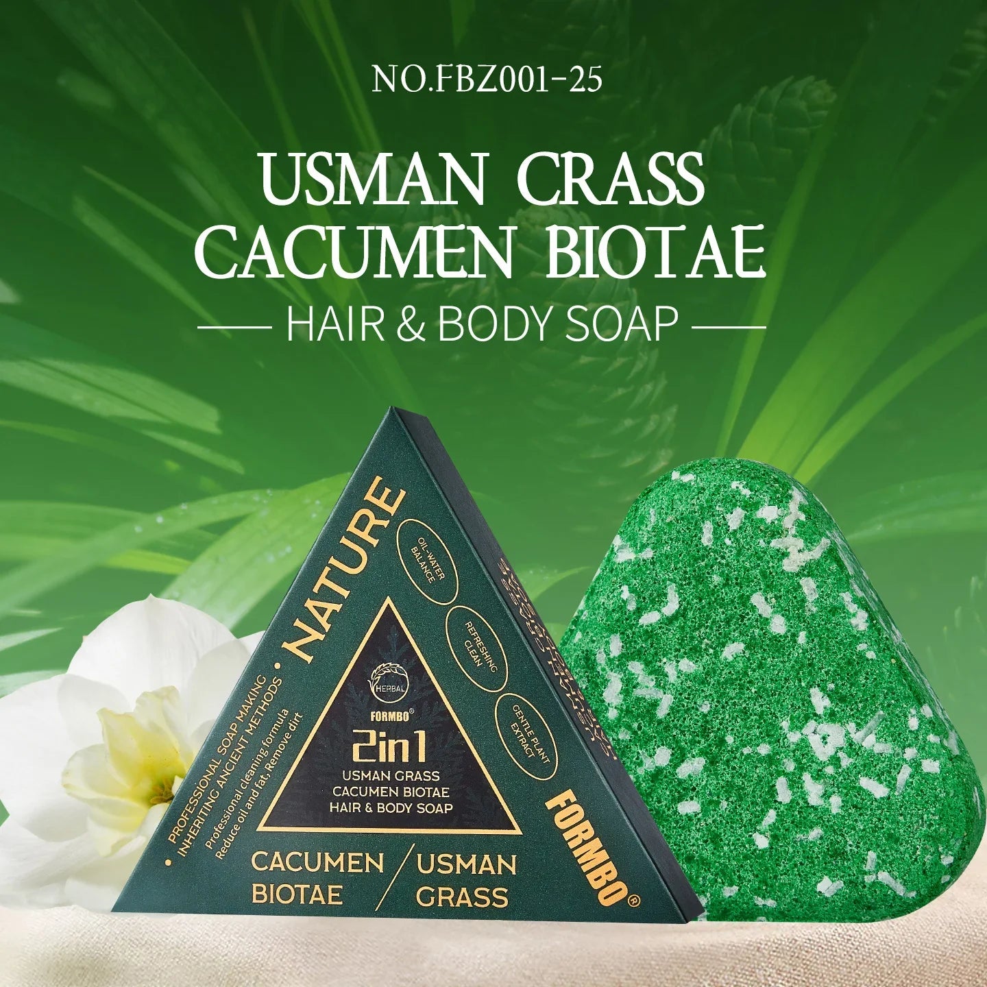 USMAN CRASS CACUMEN BIOTAE hair and body soap with green background