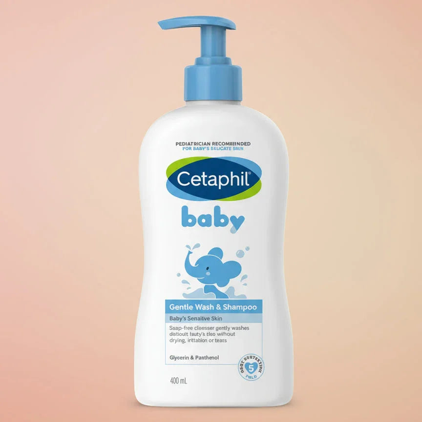 Cetaphil baby wash and shampoo bottle on a white background