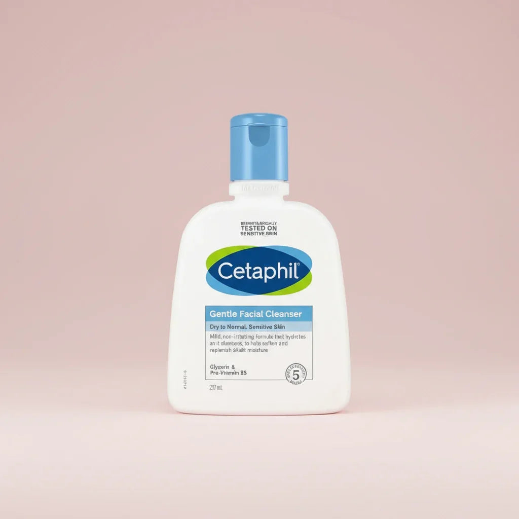 Cetaphil Gentle Facial Cleanser bottle with product details on a white background