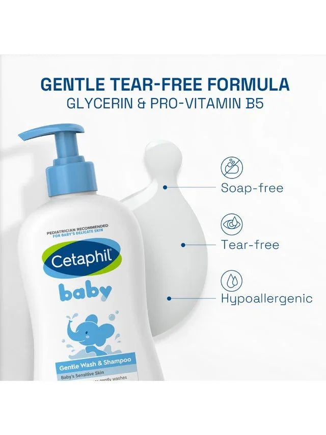 Cetaphil baby wash and shampoo bottle with product features on a white background