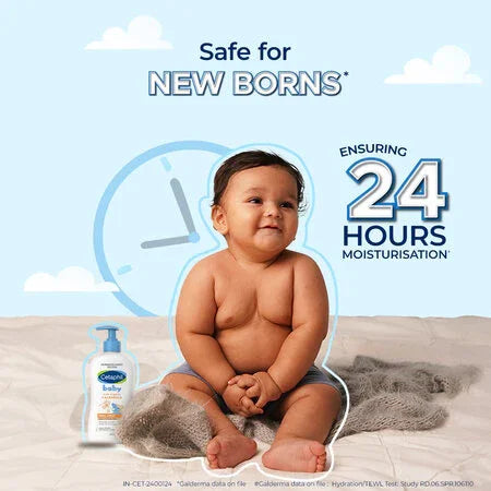 Baby sitting on a rug with a bottle of Ceralin baby lotion, surrounded by text about product safety for newborns and moisturization.