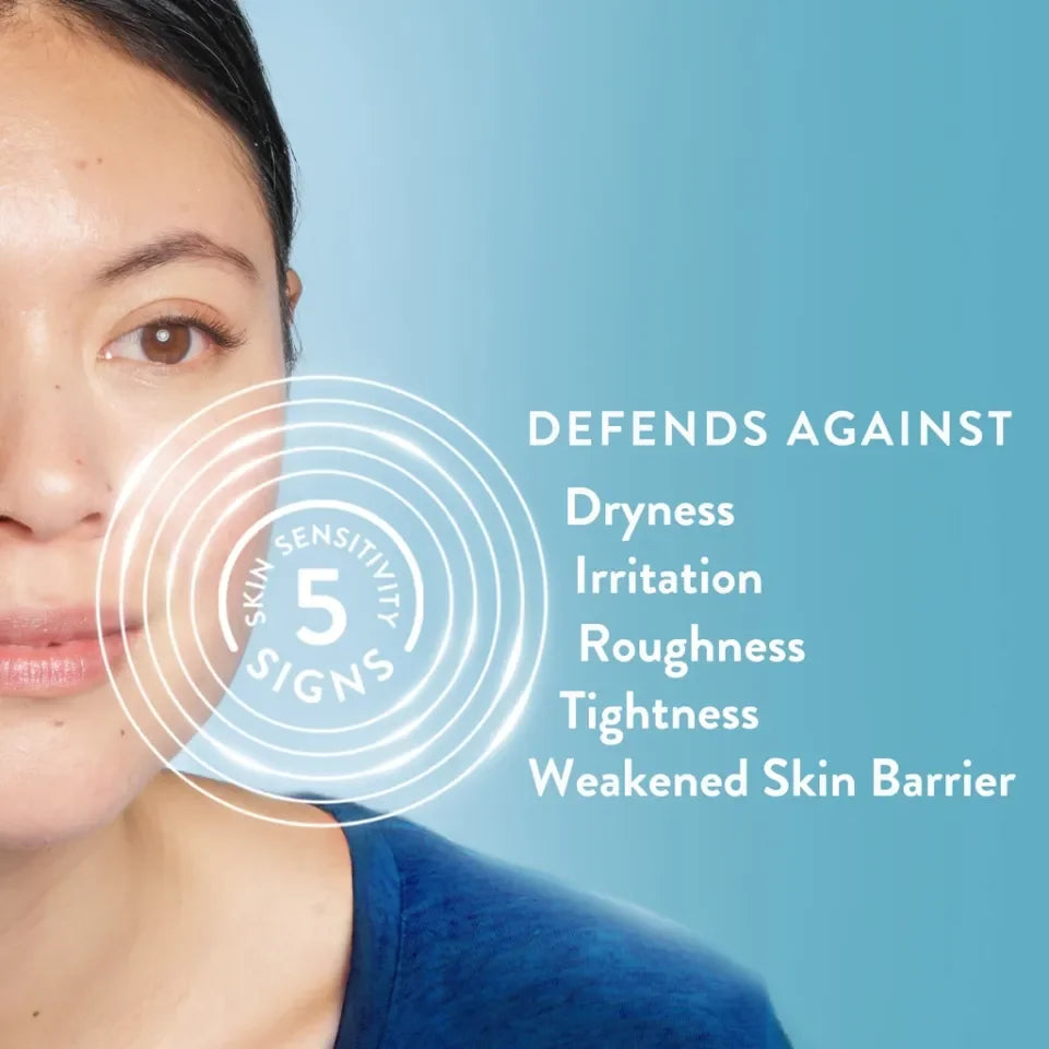 Woman's face with text about skin care benefits on a blue background