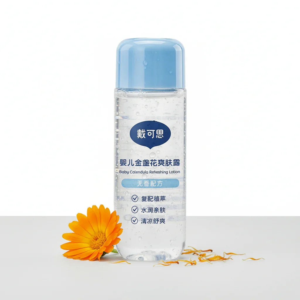 Baby Calendula refreshing Lotion with flower and white background