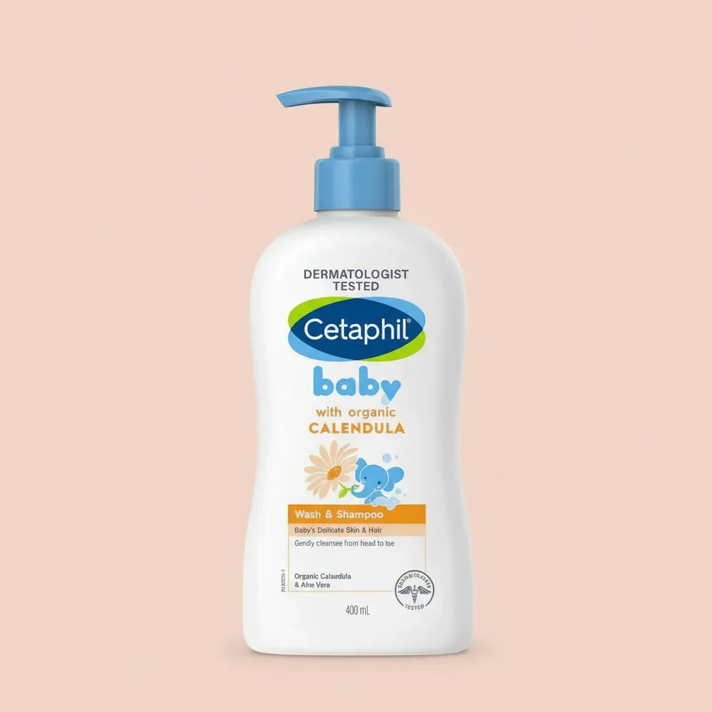 Cetaphil baby wash and shampoo bottle with pump on a white background