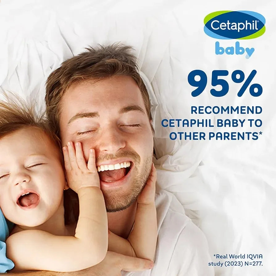 Man and child lying in bed with Cetaphil baby logo and text about product recommendation.