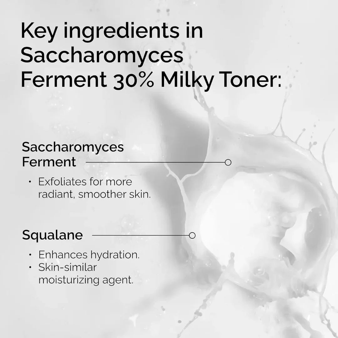 List of key ingredients in a skincare toner with a close-up of toner texture.