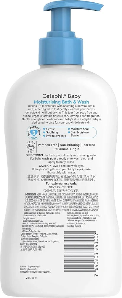 Cetaphil Baby moisturizing bath & wash bottle with pump on a white background