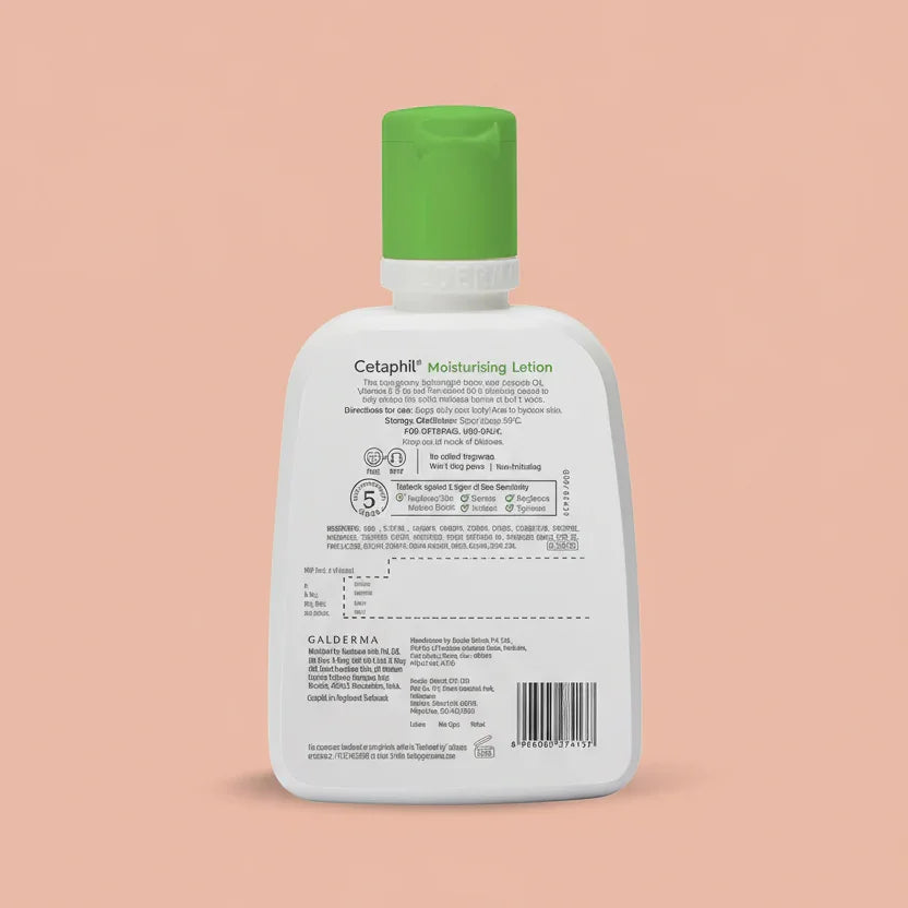 Cetaphil moisturizing lotion bottle with green cap on a white background