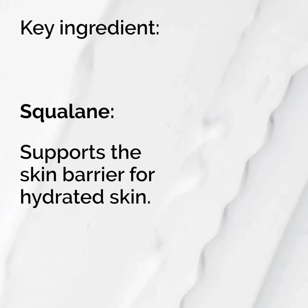 Text on a white background about squalane supporting the skin barrier for hydrated skin.