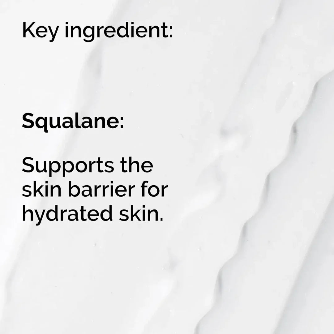 Text on a white background about squalane supporting the skin barrier for hydrated skin.