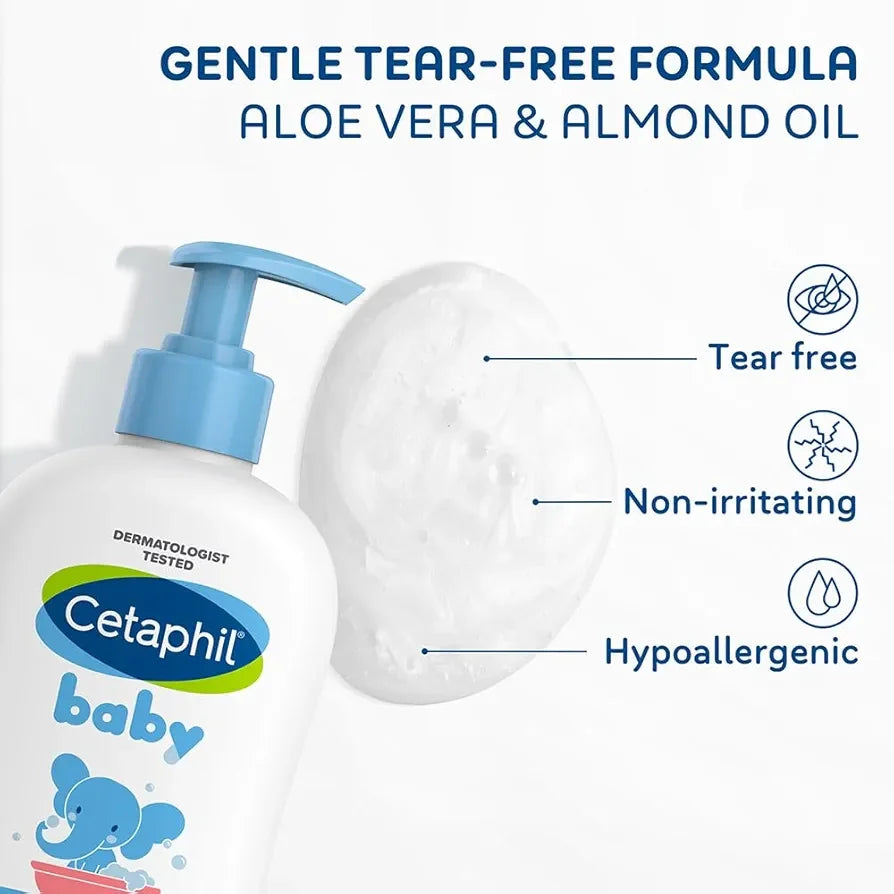 Cetaphil baby lotion bottle with pump and aloe vera & almond oil text on a white background