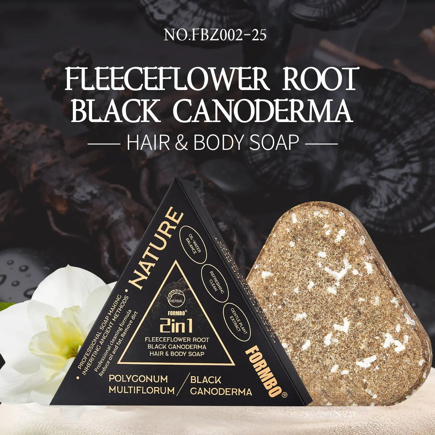 Fleeceflower root black canoderma hair and body soap with packaging and sponge on a dark background